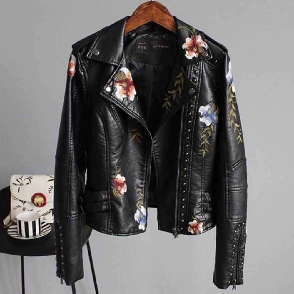 Women's Embroidered Studded Faux Leather Jacket